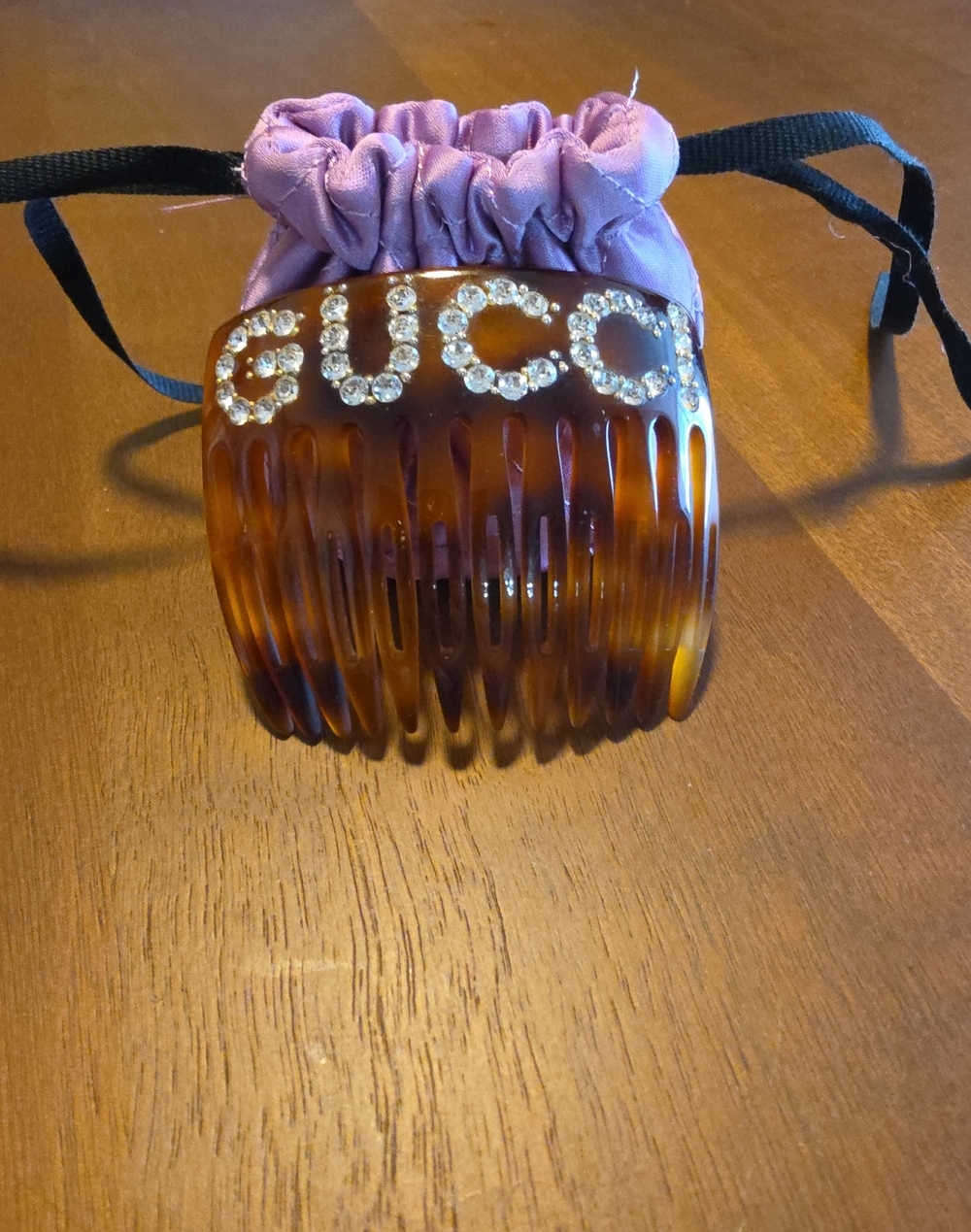 Gucci Tortoiseshell Crystal-Logo Hair Comb with Purple Drawstring Pouch